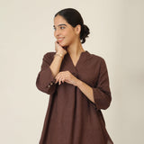 Sherry Single Pleated Split V Neck Tunic - Coffee Brown