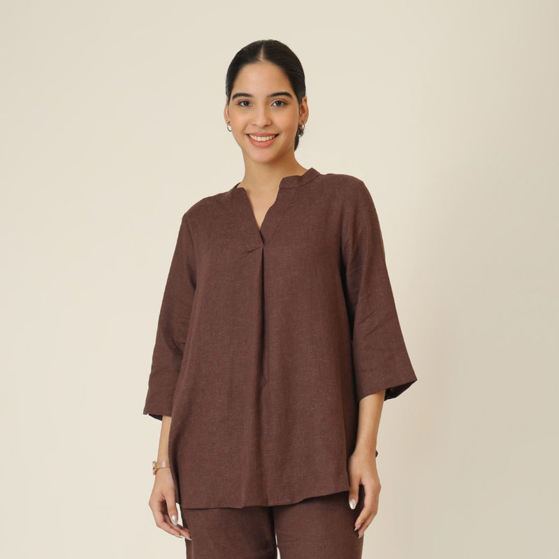 Sherry Single Pleated Split V Neck Tunic - Coffee Brown