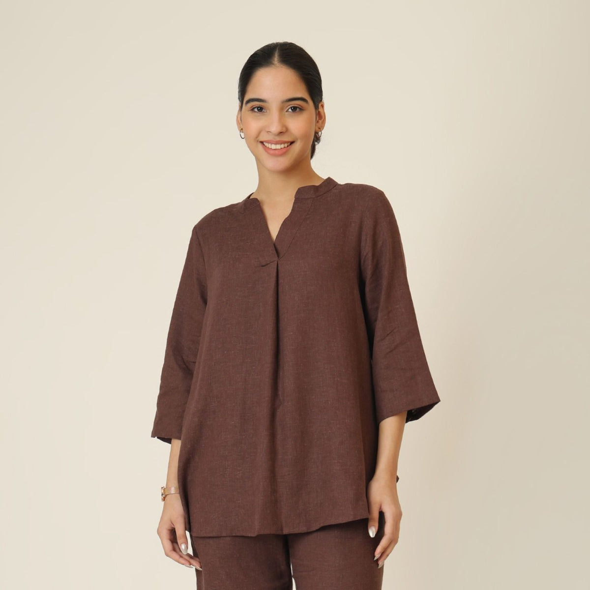 Sherry Single Pleated Split V Neck Tunic - Coffee Brown