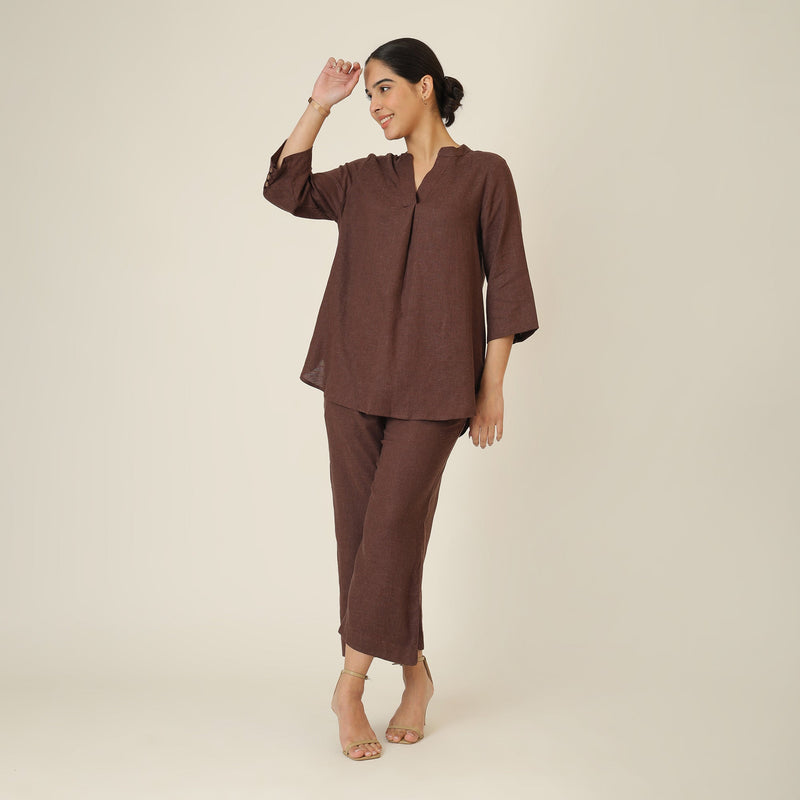 Sherry Single Pleated Split V Neck Tunic - Coffee Brown