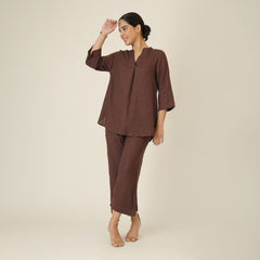 Sherry Single Pleated Split V Neck Tunic - Coffee Brown