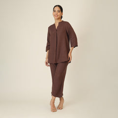 Sherry Single Pleated Split V Neck Tunic - Coffee Brown