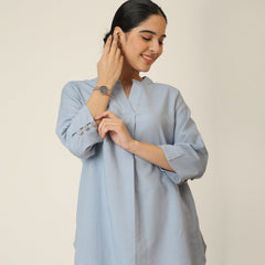 Sherry Single Pleated Split V Neck Tunic - Dusty Blue