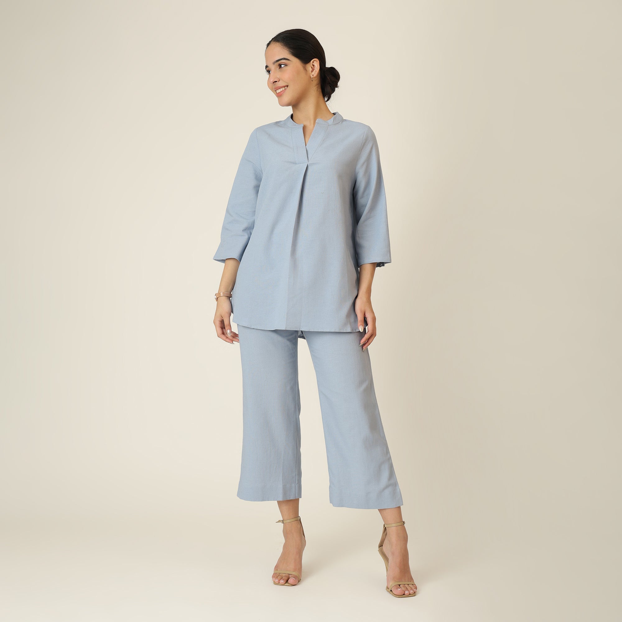 Sherry Single Pleated Split V Neck Tunic - Dusty Blue