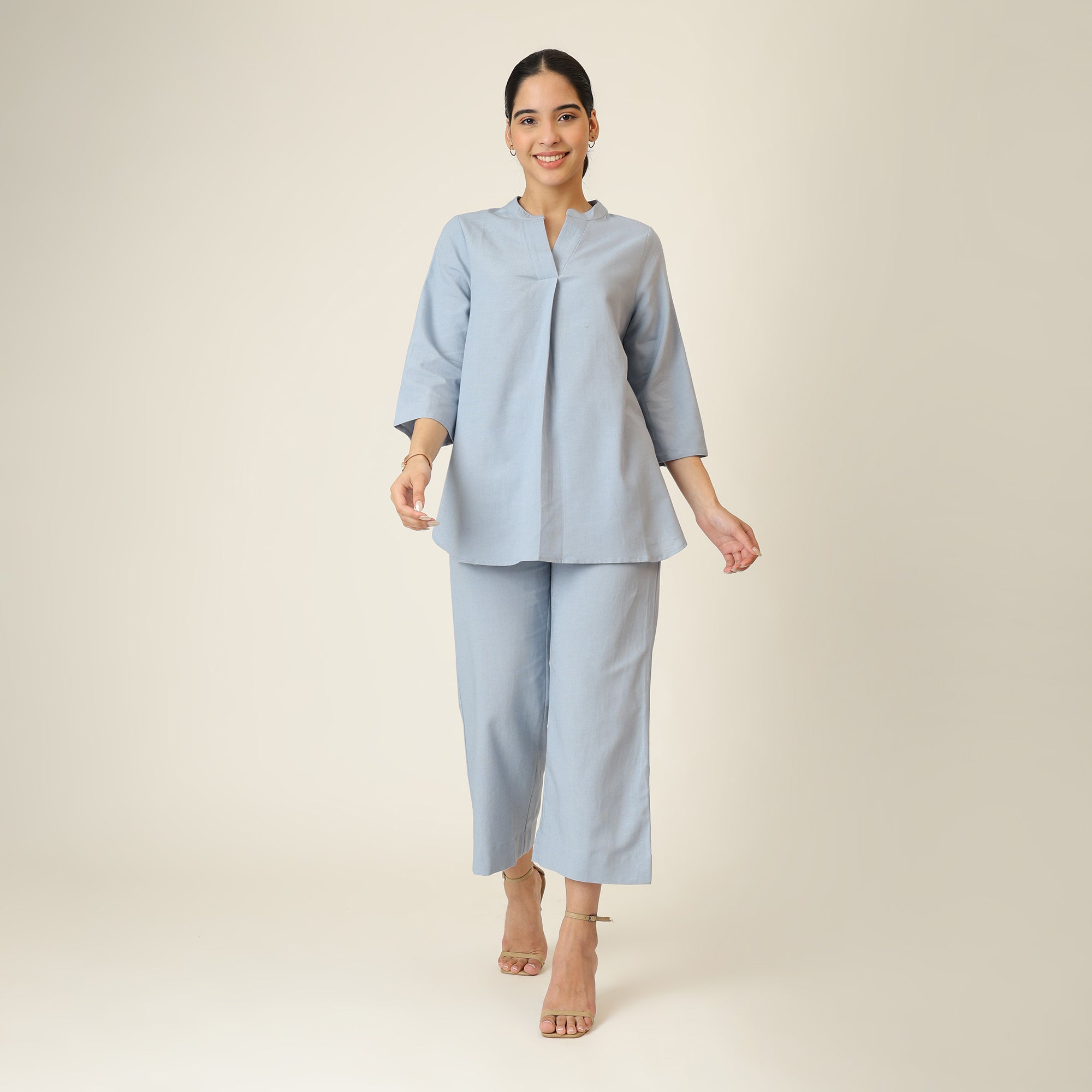 Sherry Single Pleated Split V Neck Tunic - Dusty Blue