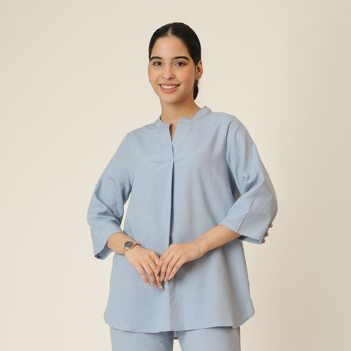 Sherry Single Pleated Split V Neck Tunic - Dusty Blue