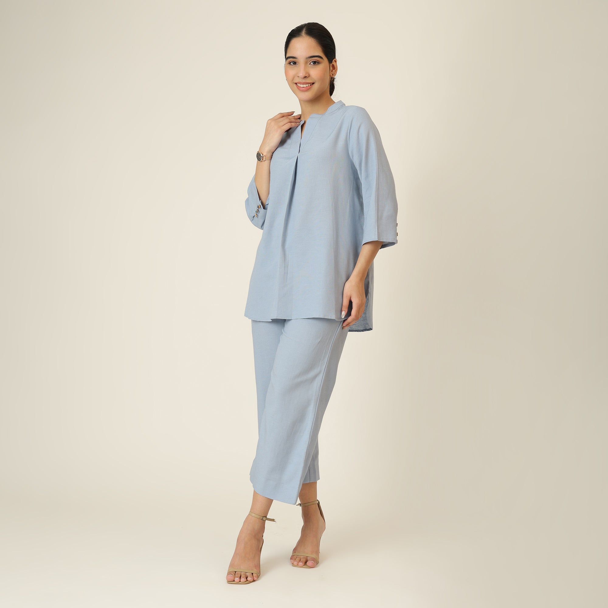 Sherry Single Pleated Split V Neck Tunic - Dusty Blue