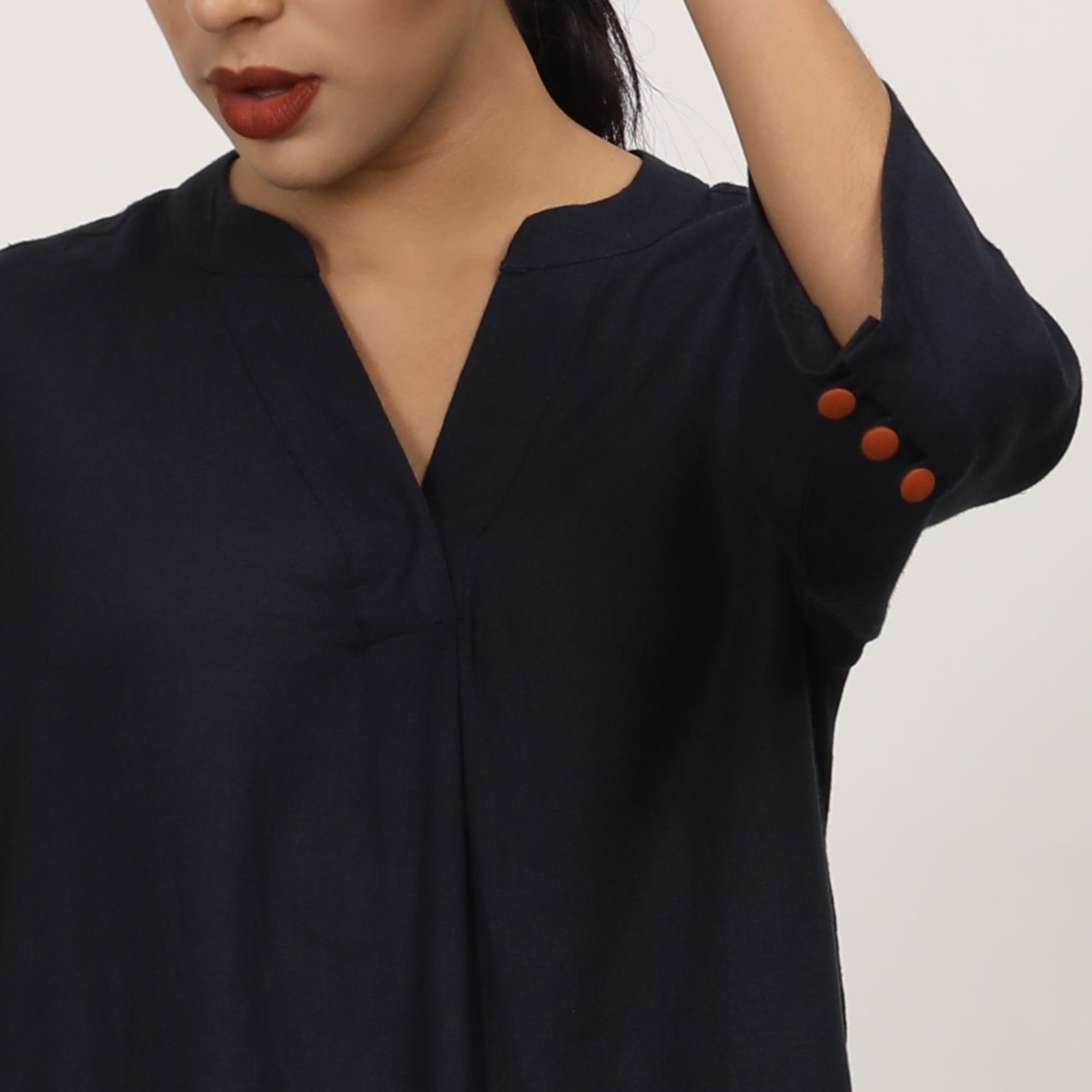 Sherry Single Pleated Split V Neck Tunic - Navy