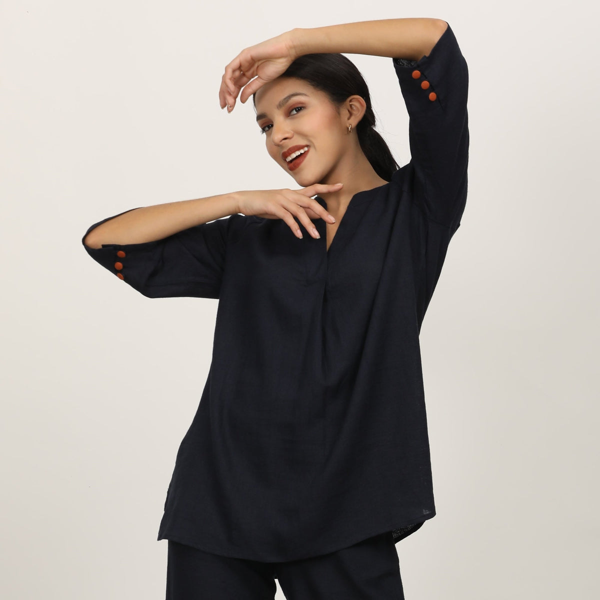 Sherry Single Pleated Split V Neck Tunic - Navy