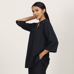 Sherry Single Pleated Split V Neck Tunic - Navy