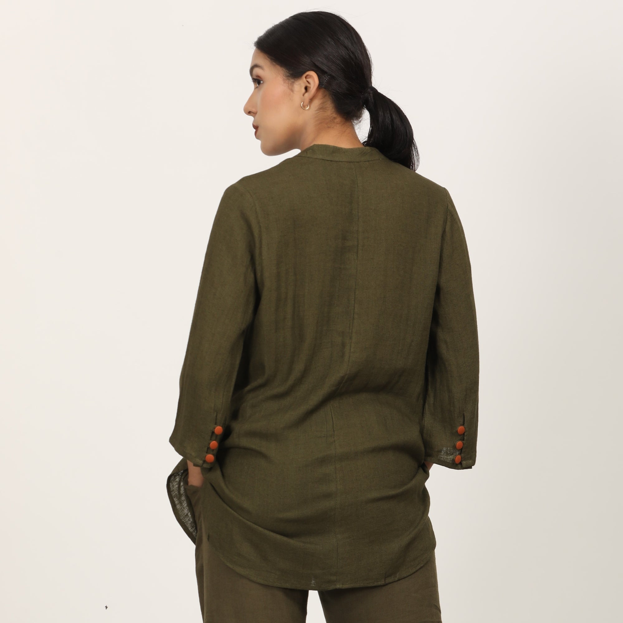 Sherry Single Pleated Split V Neck Tunic - Olive