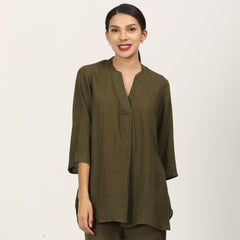 Sherry Single Pleated Split V Neck Tunic - Olive