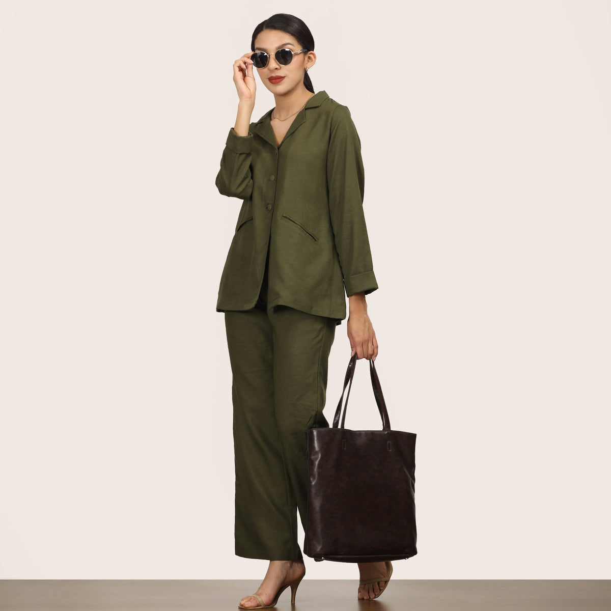 Barbara Co-Ord Set Of 2 - Blazer Shirt & Pants - Olive