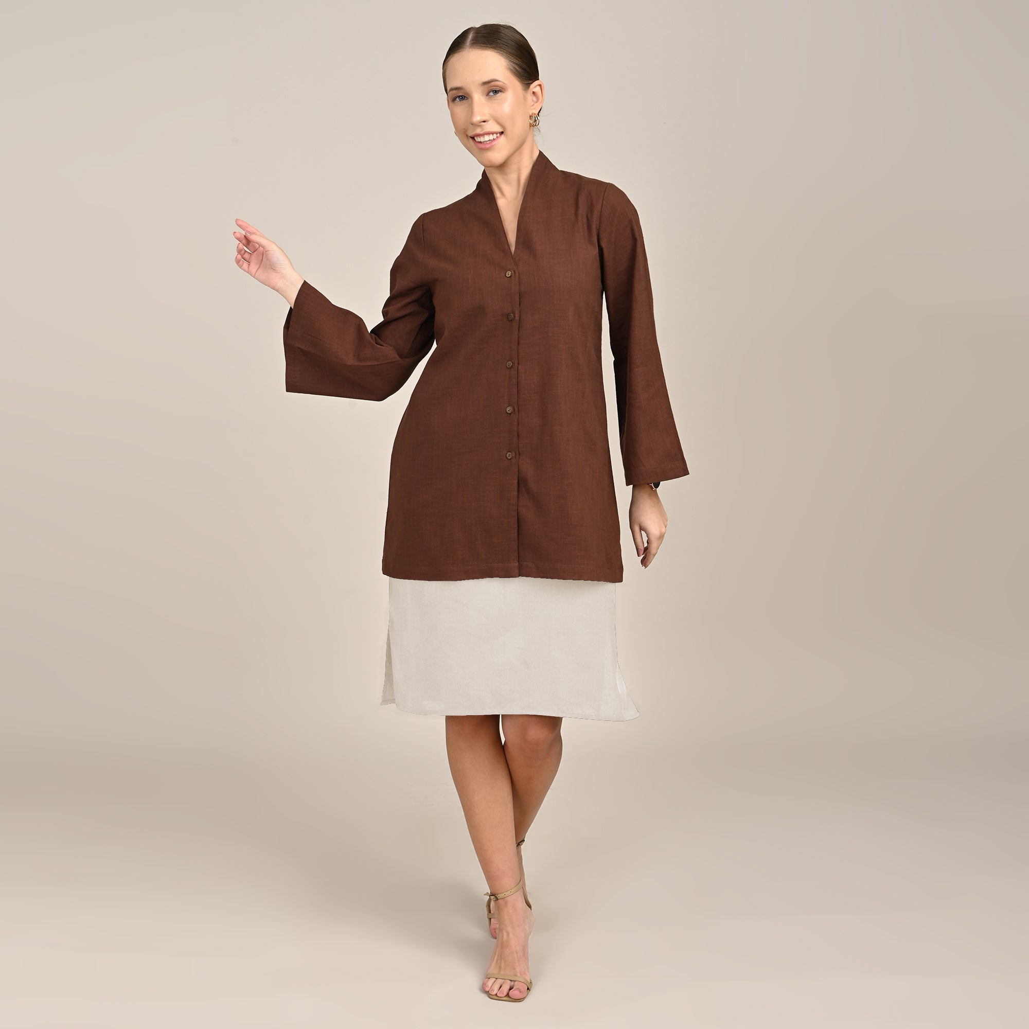 Demi Set Of 2 - Mid Length Shirt Jacket & Dress - Coffee Brown & Greige