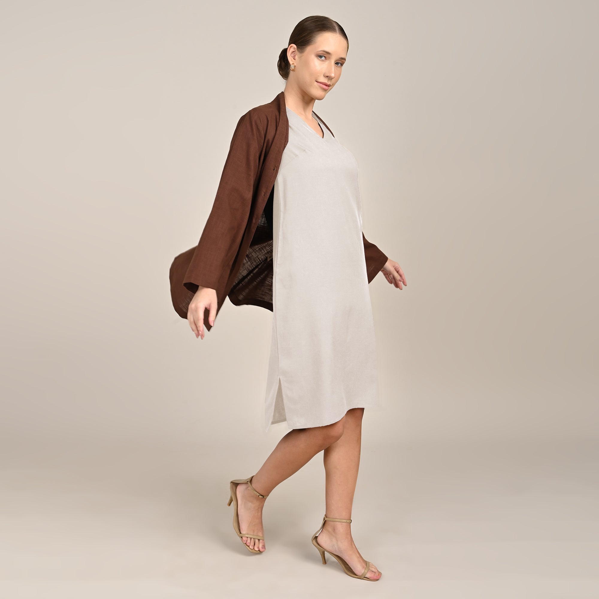 Demi Set Of 2 - Mid Length Shirt Jacket & Dress - Coffee Brown & Greige
