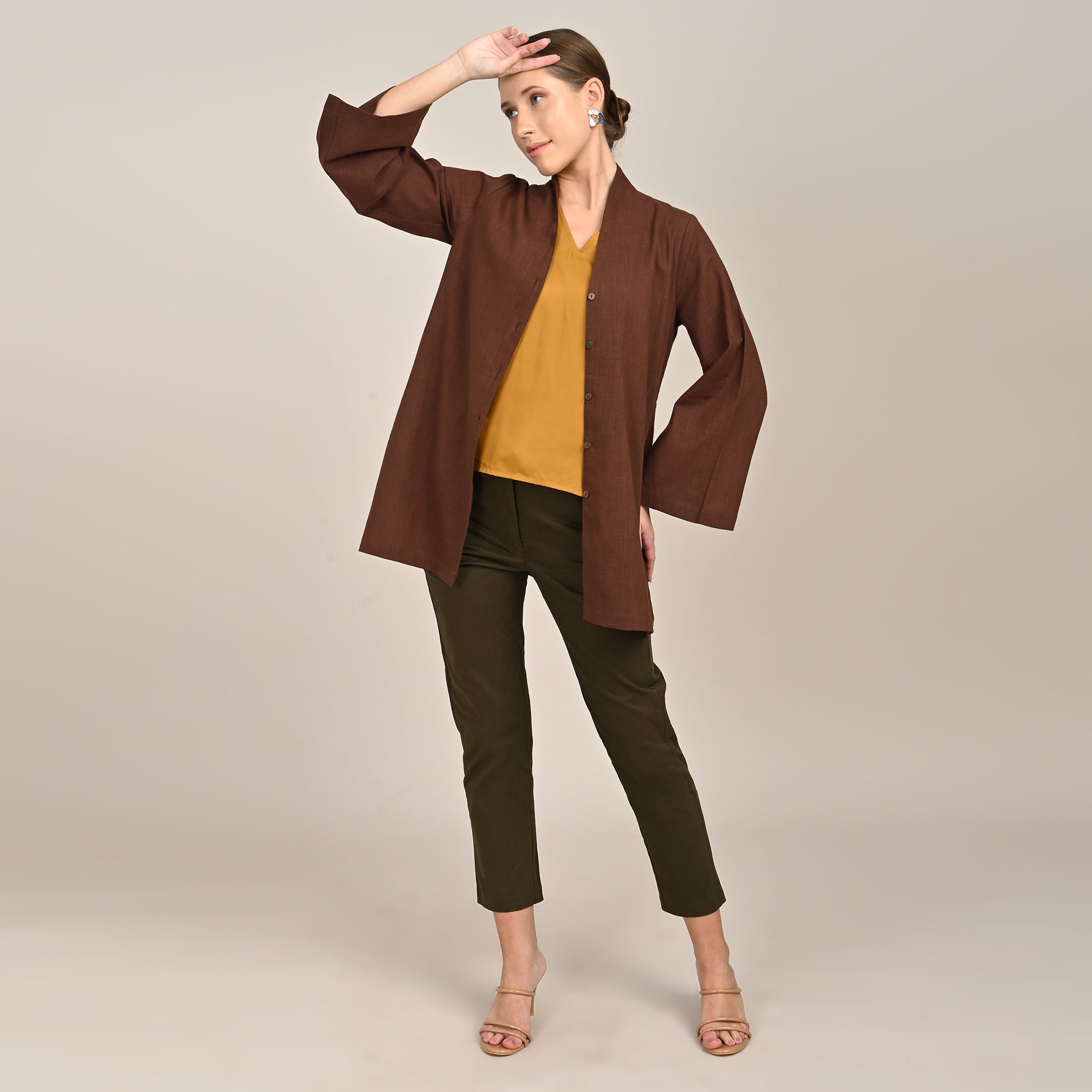 Demi Set Of 3 - Jacket, Top & Pants - Coffee Brown, Mustard & Olive