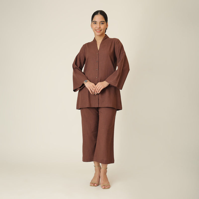 Demi Co-ord Set - Bell Sleeves Shirt & Pant - Coffee Brown