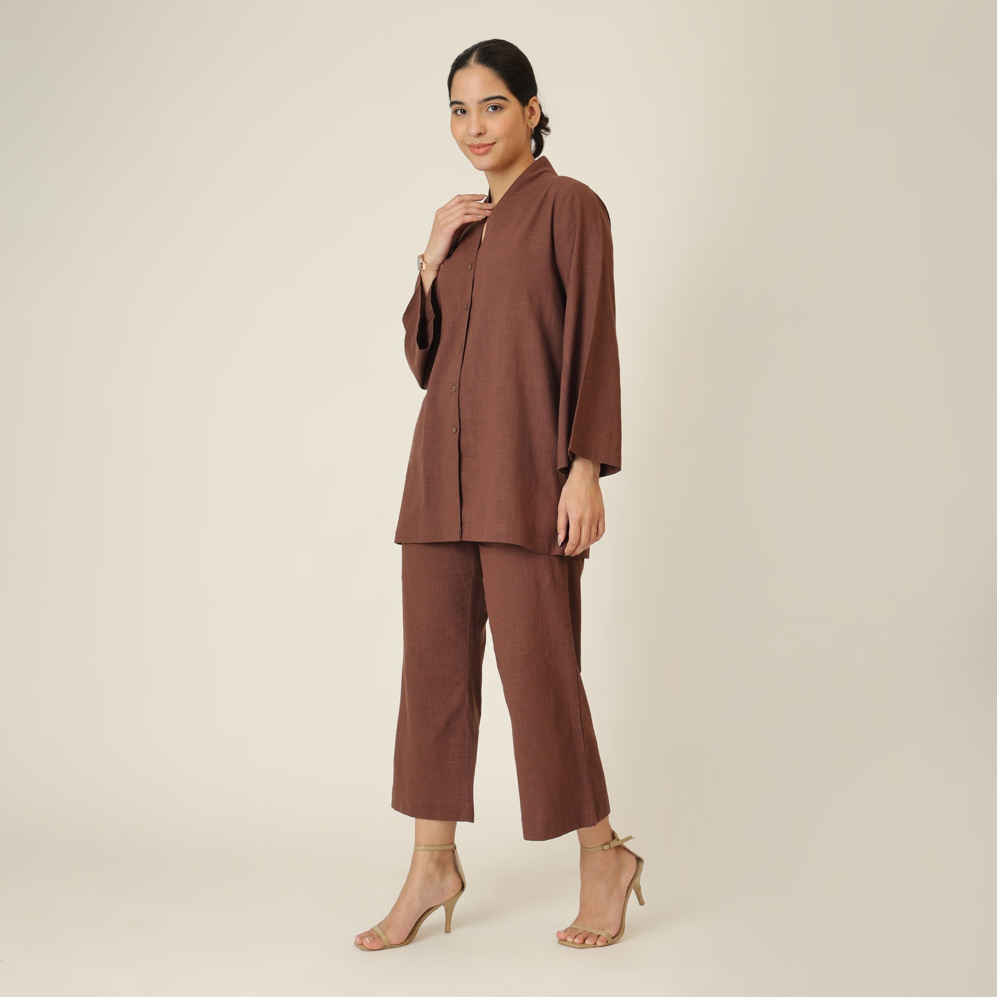 Demi Co-ord Set - Bell Sleeves Shirt & Pant - Coffee Brown