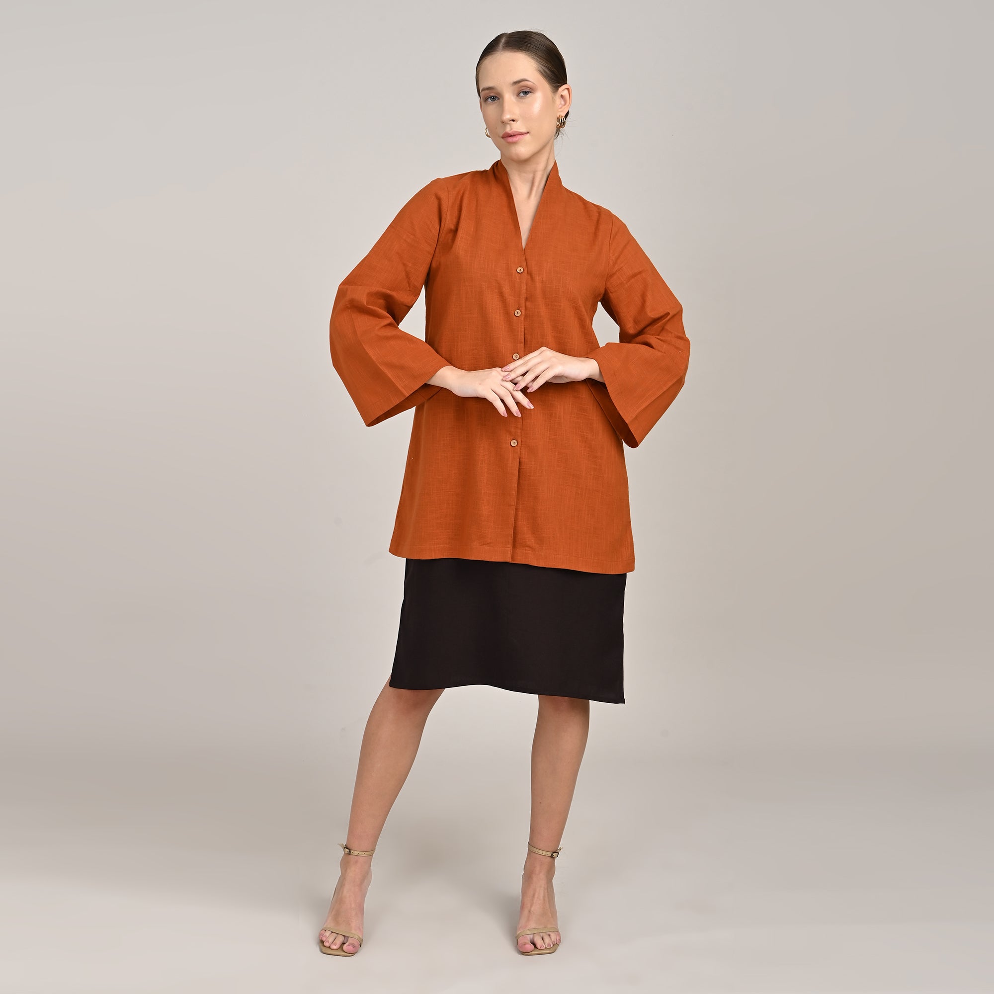 Demi Set Of 2 - Mid Length Shirt Jacket & Dress - Autumn Rust & Coffee Brown