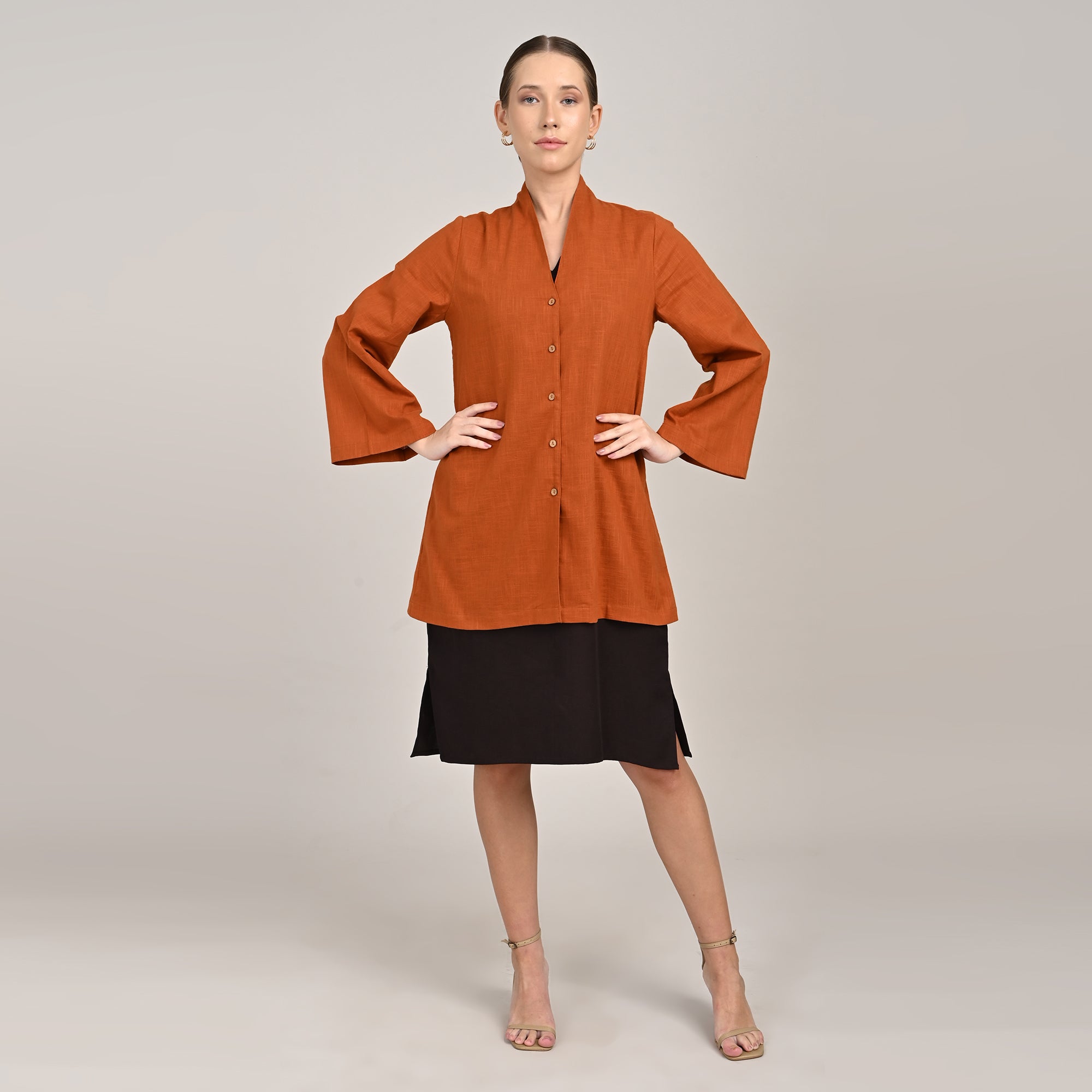 Demi Set Of 2 - Mid Length Shirt Jacket & Dress - Autumn Rust & Coffee Brown