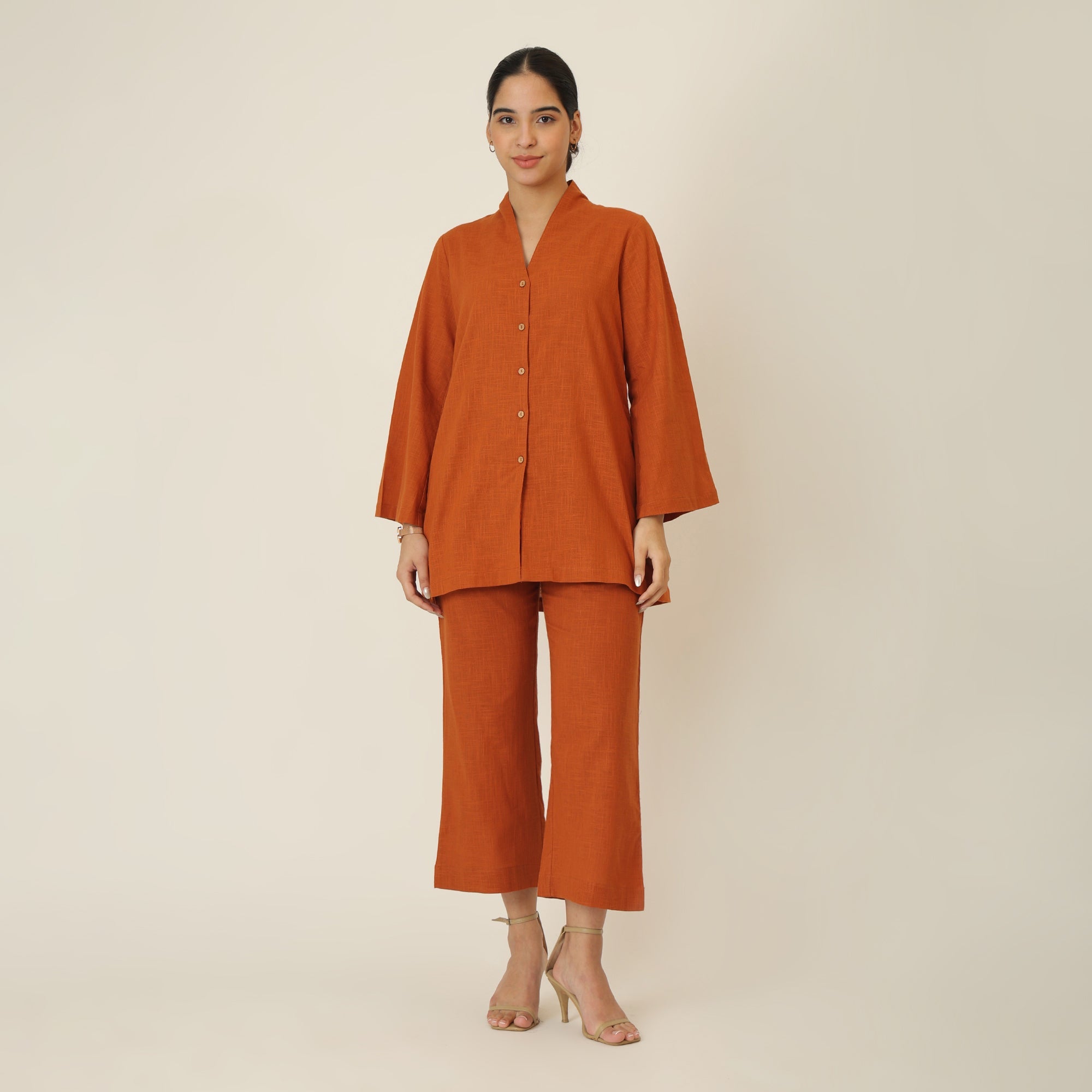 Demi Co-ord Set - Bell Sleeves Shirt & Pant - Autumn Rust