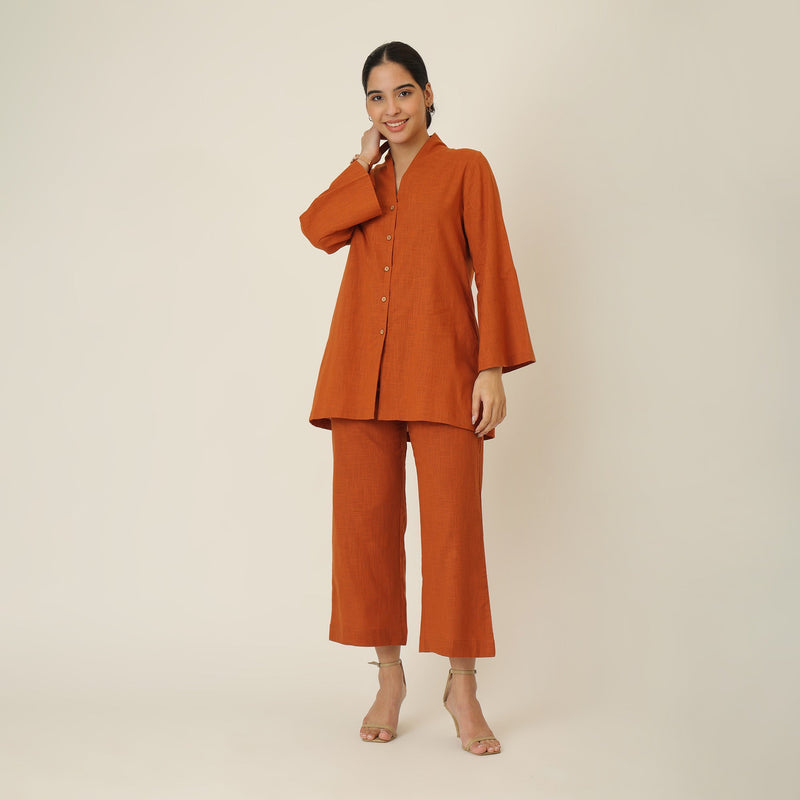 Demi Co-ord Set - Bell Sleeves Shirt & Pant - Autumn Rust