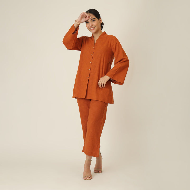 Demi Co-ord Set - Bell Sleeves Shirt & Pant - Autumn Rust