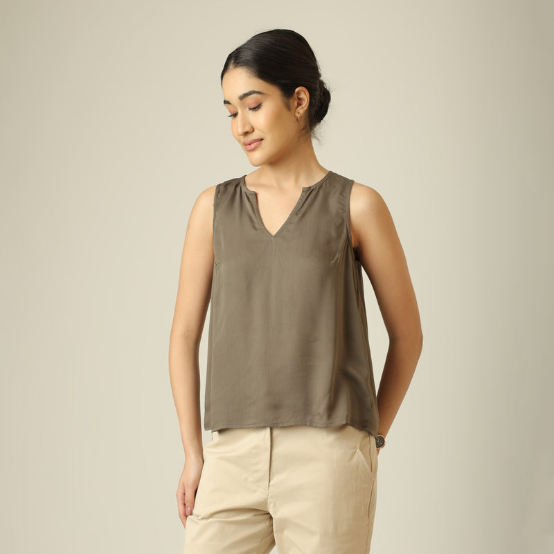 Ivy Split V-Neck Top - Olive Green