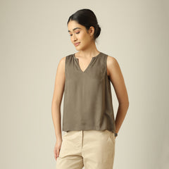 Ivy Split V-Neck Top - Olive Green