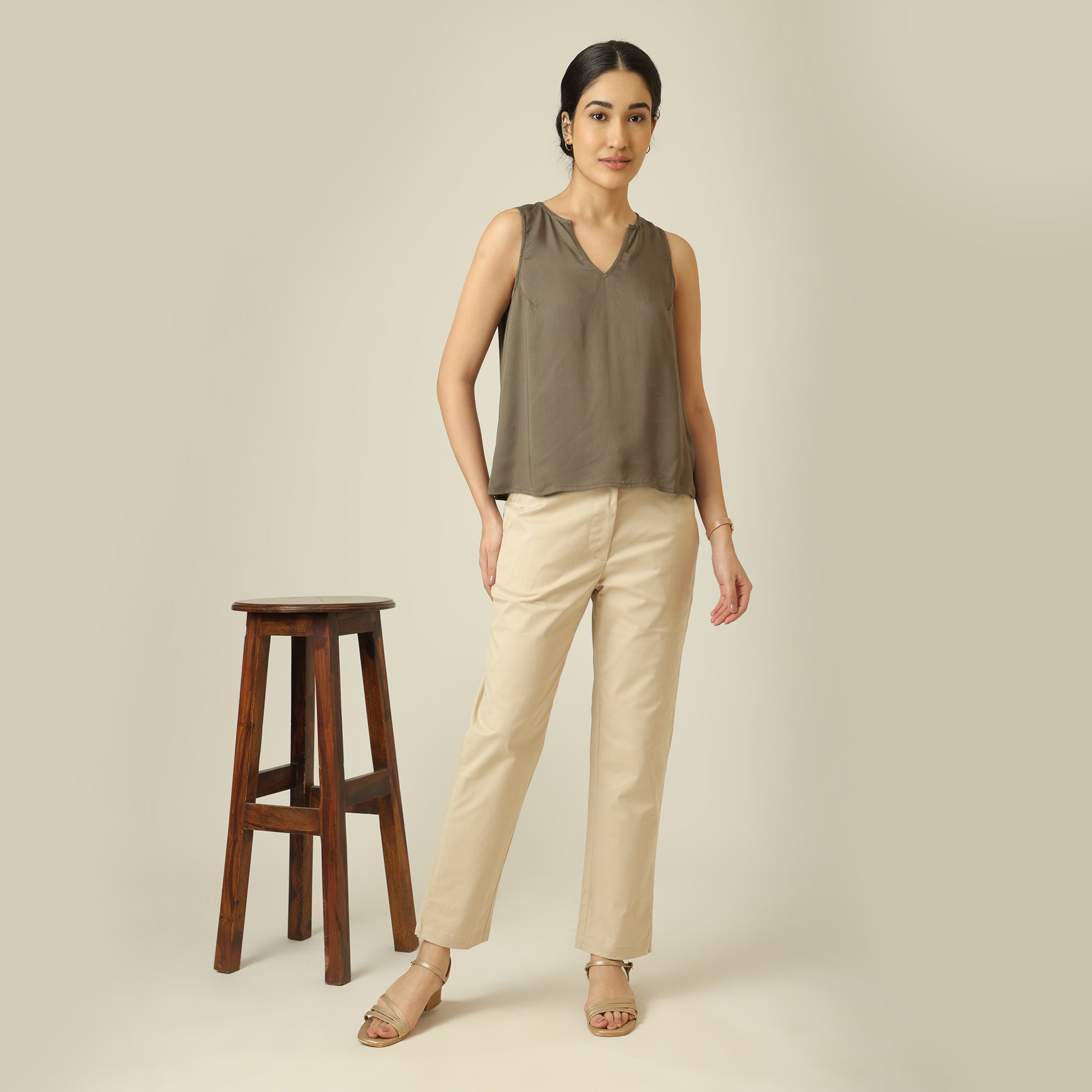 Ivy Split V-Neck Top - Olive Green