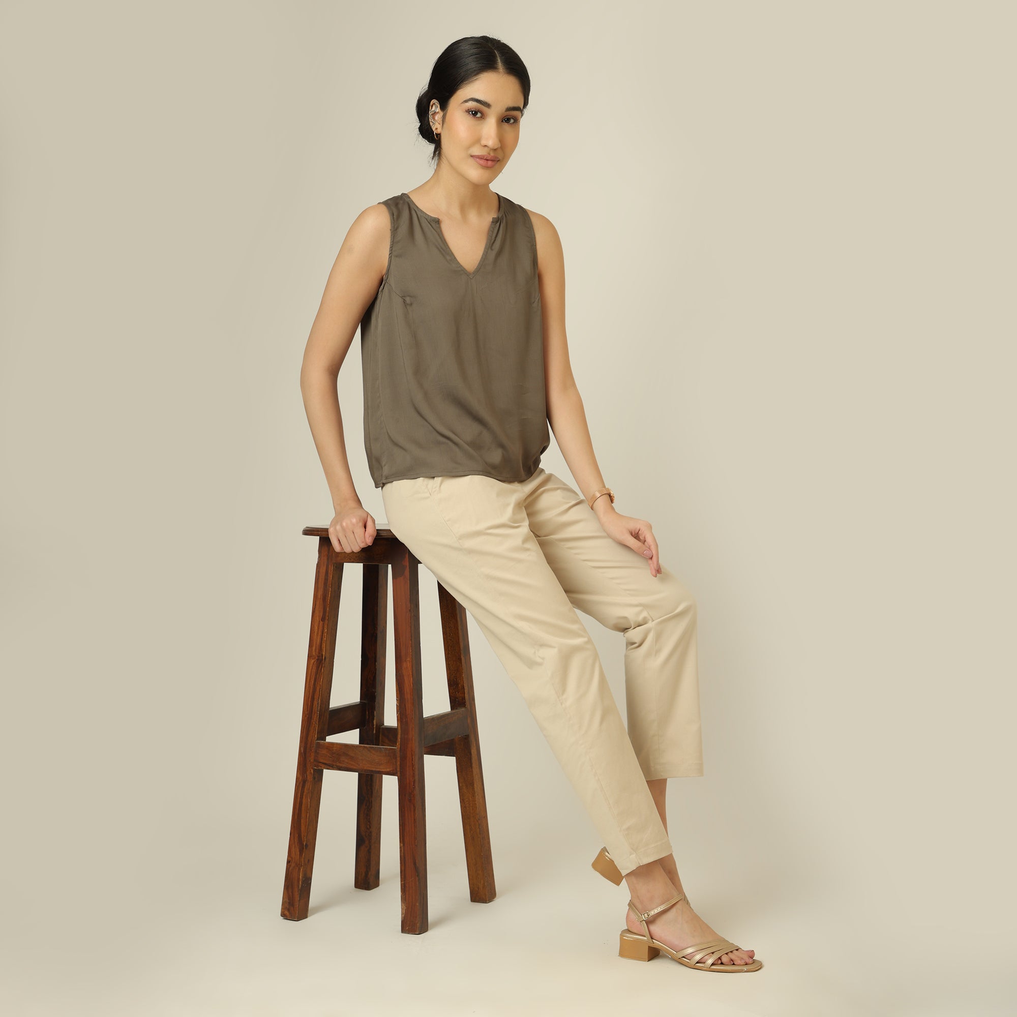 Ivy Split V-Neck Top - Olive Green