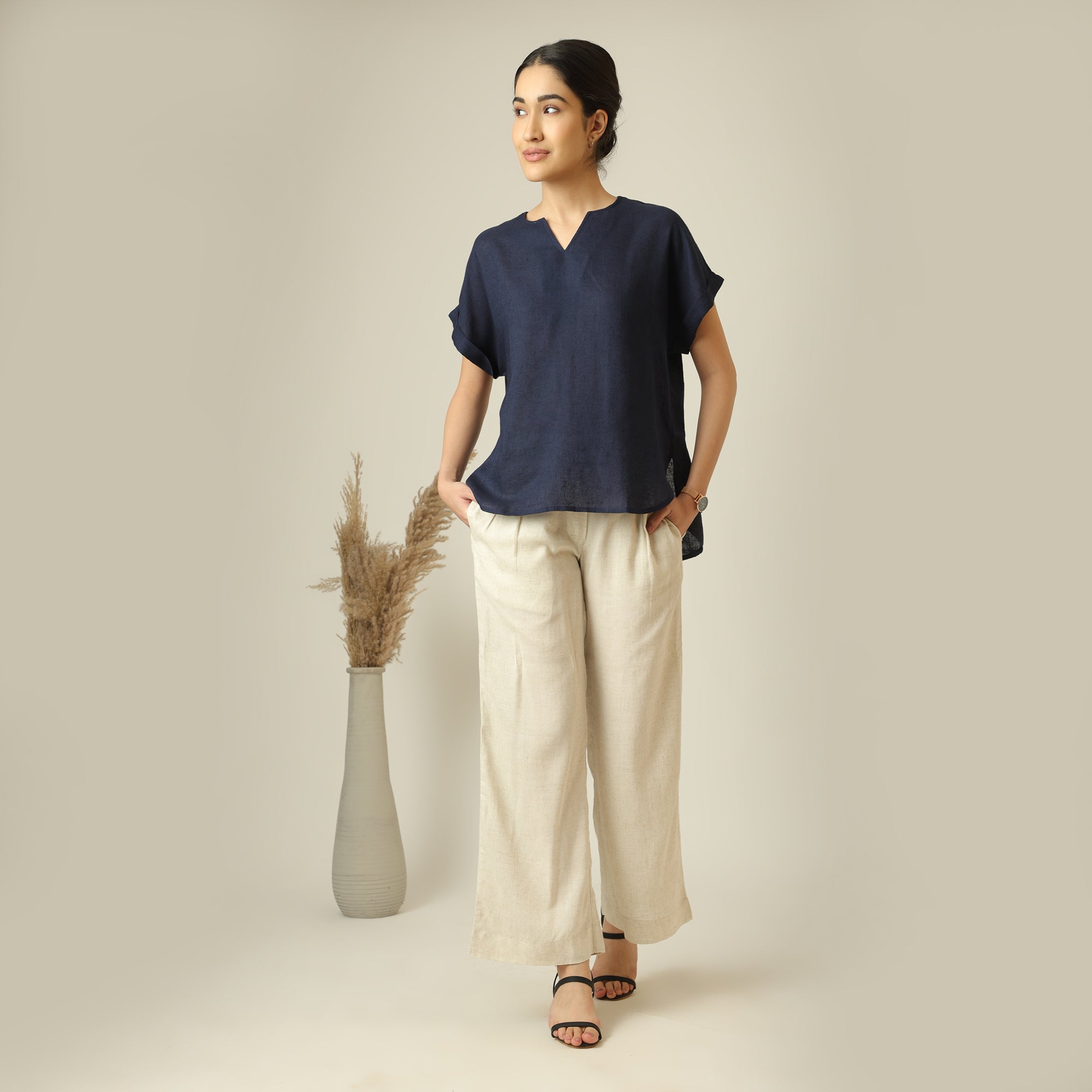 Rumi Linen Top - Navy Blue