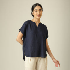 Rumi Linen Top - Navy Blue