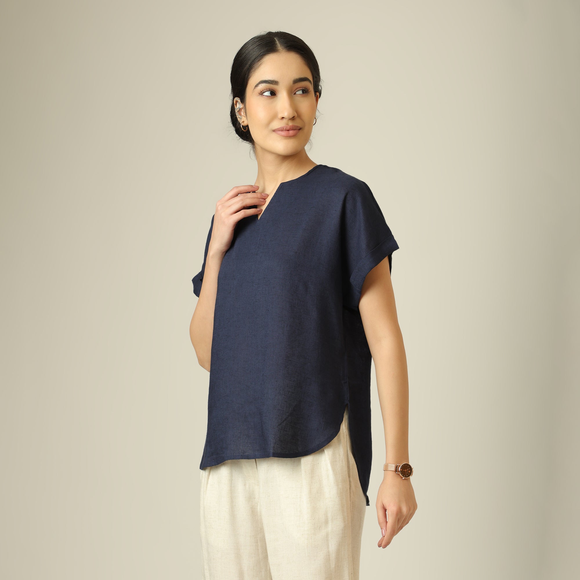 Rumi Linen Top - Navy Blue