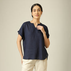 Rumi Linen Top - Navy Blue
