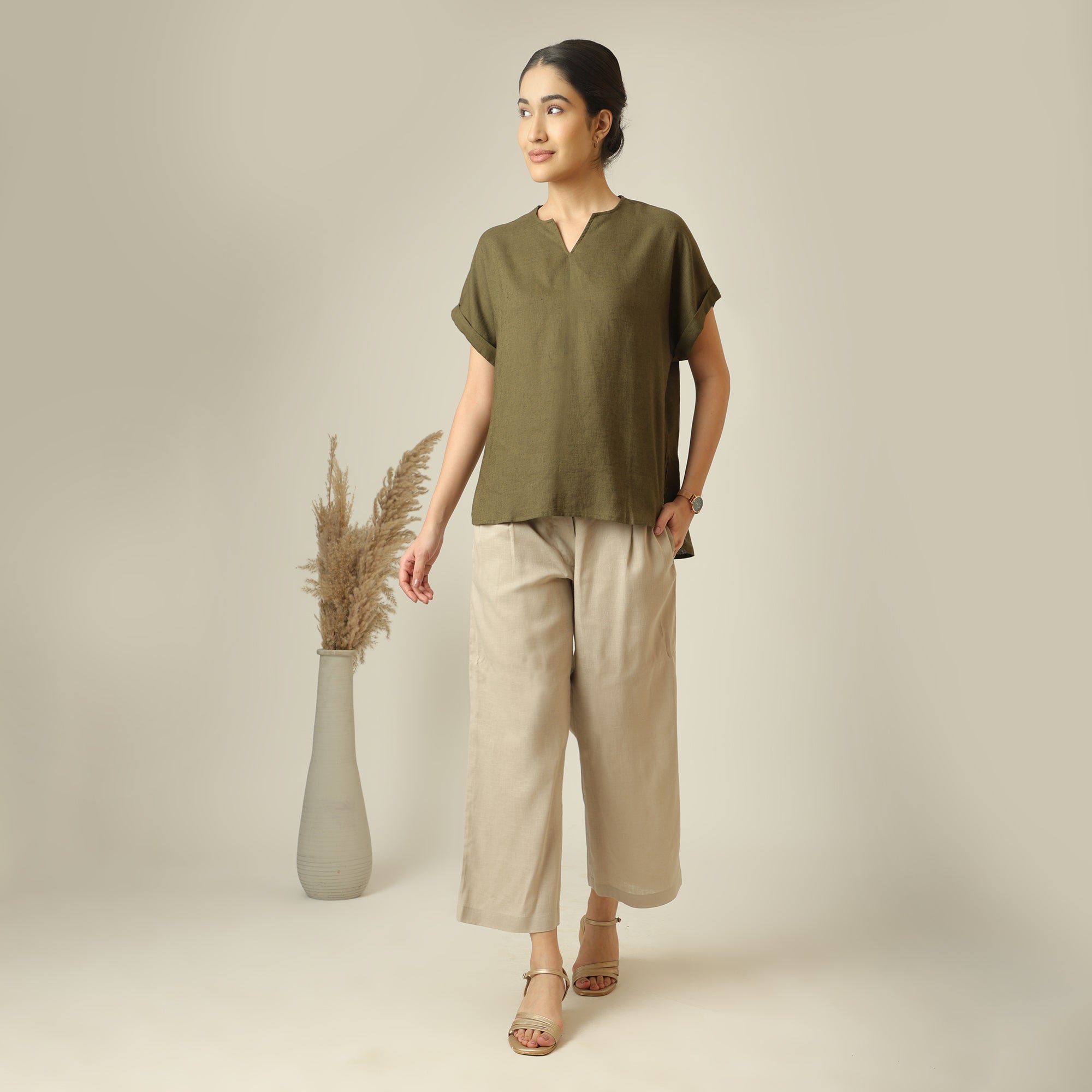 Rumi Linen Top - Olive Green