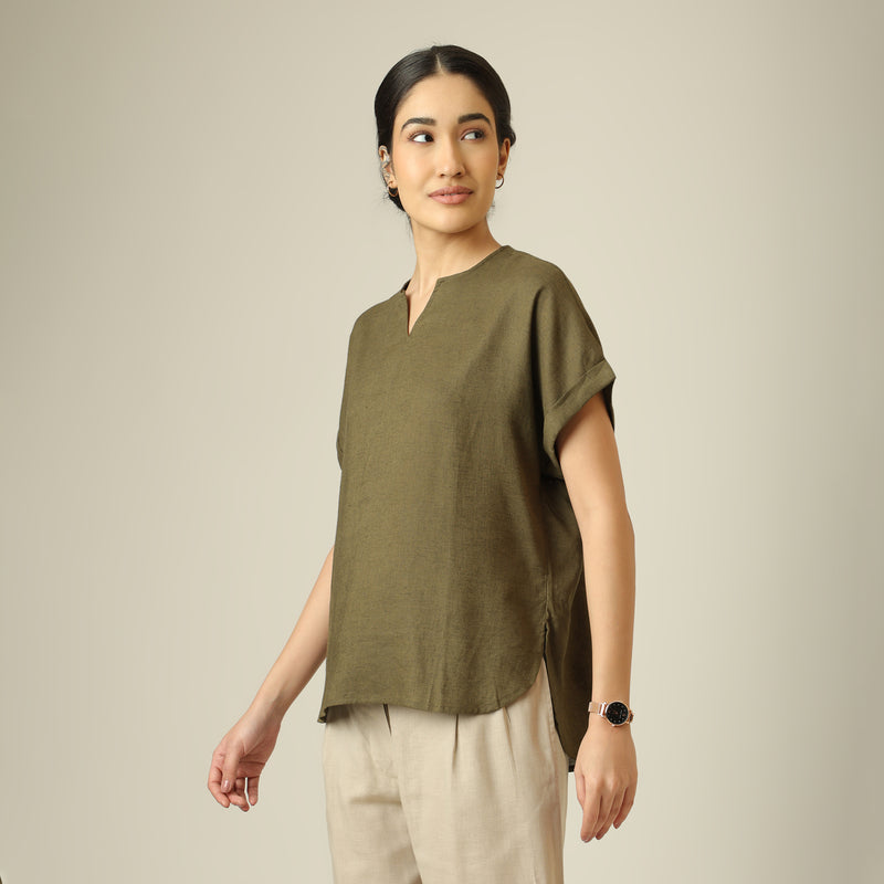 Rumi Linen Top - Olive Green