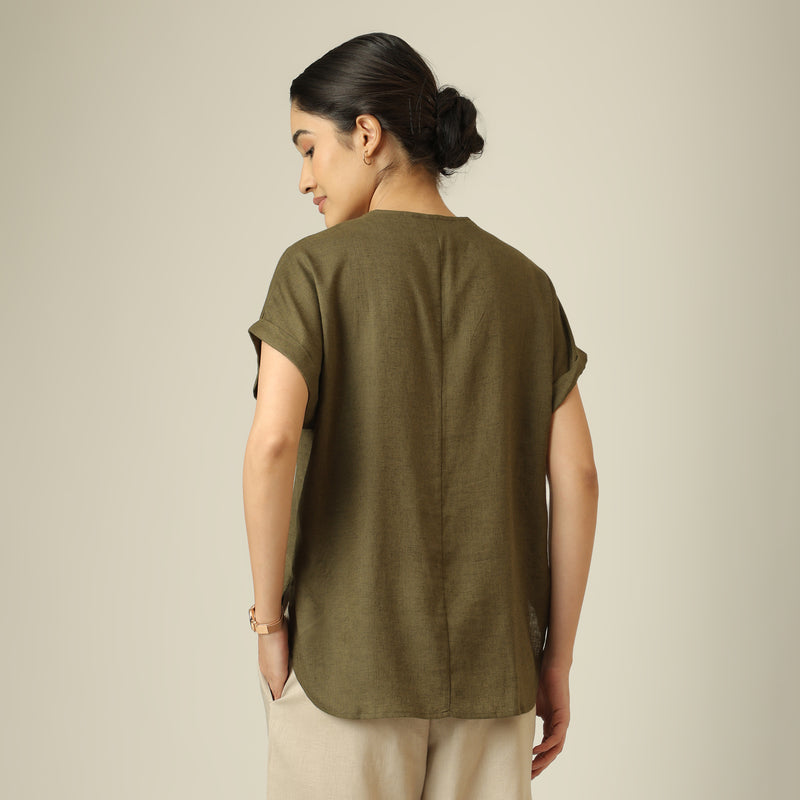 Rumi Linen Top - Olive Green