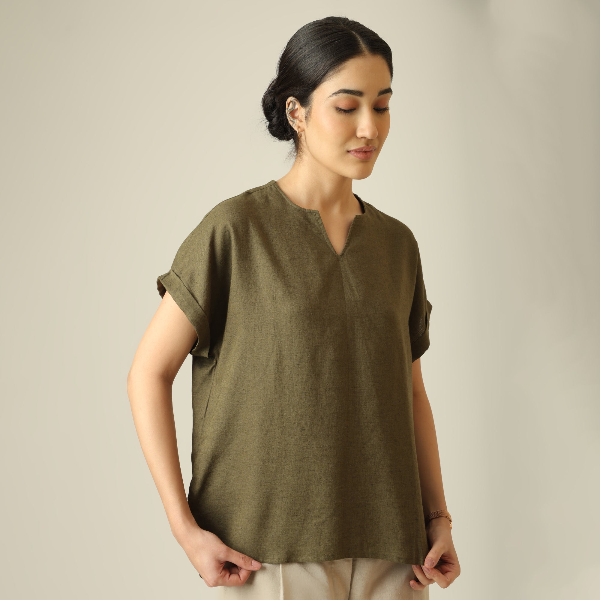 Rumi Linen Top - Olive Green