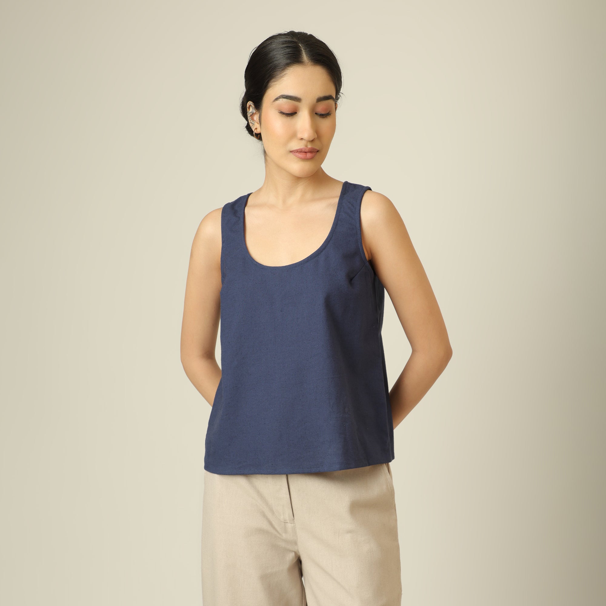 Bruna Linen 3 Piece Set Of Blazer, Inner & Pants - Greige & Navy