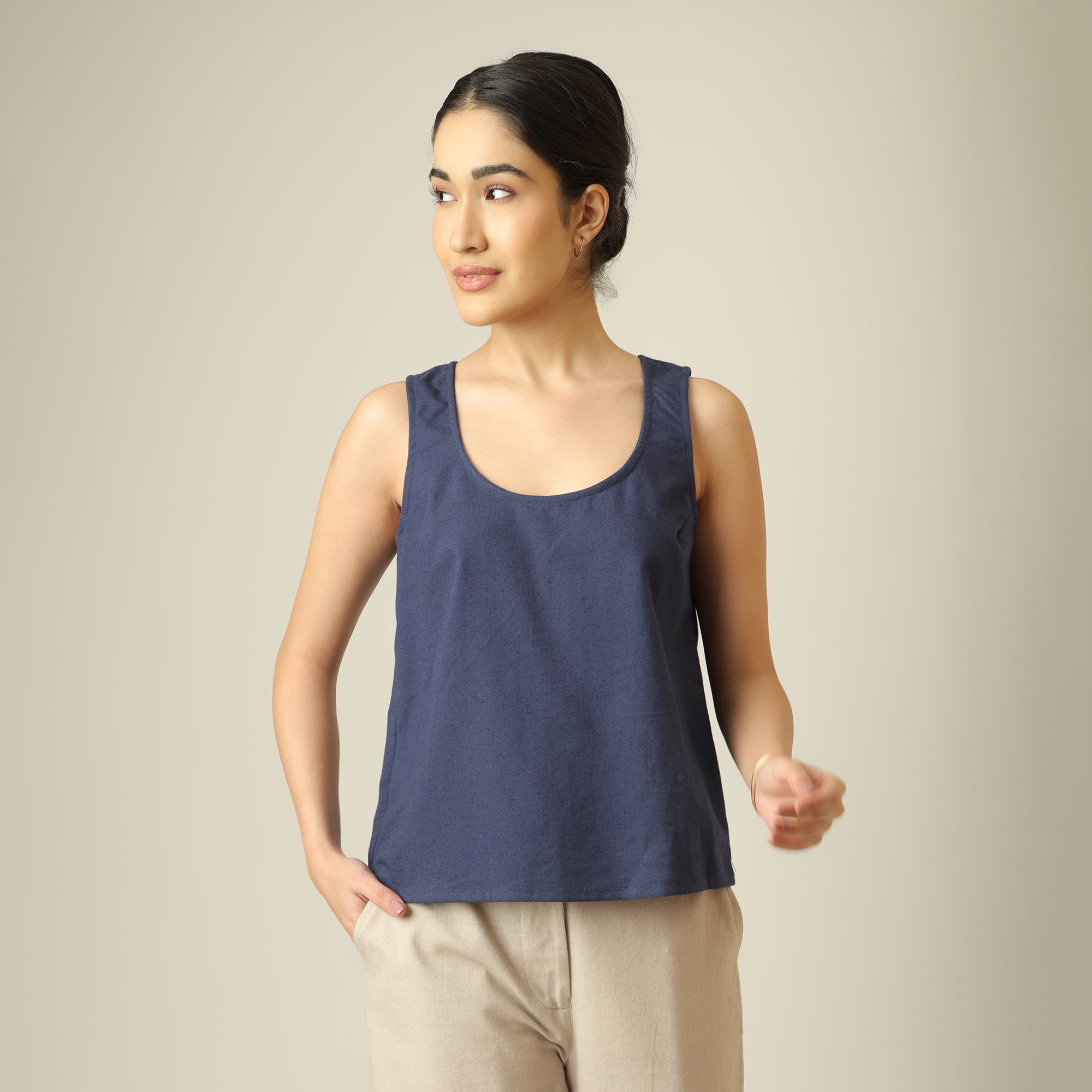 Bruna Linen 3 Piece Set Of Blazer, Inner & Pants - Greige & Navy