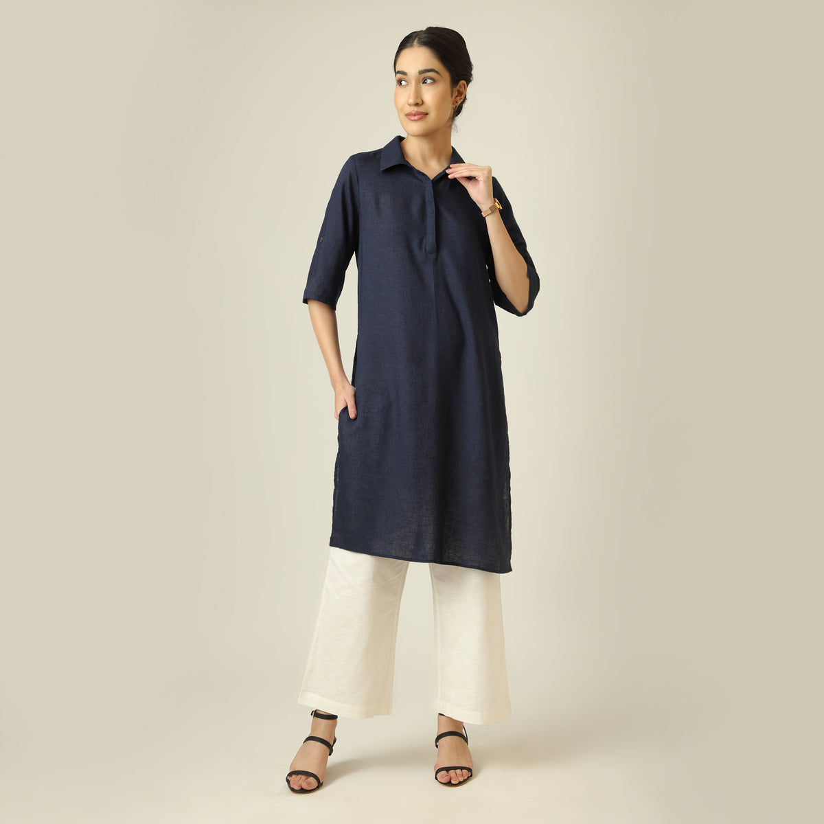 Soraya Linen Long Tunic - Navy Blue