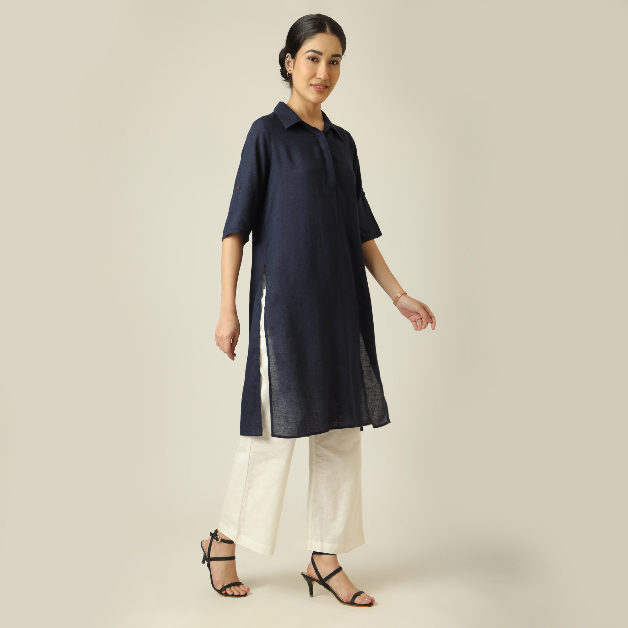 Soraya Linen Long Tunic - Navy Blue