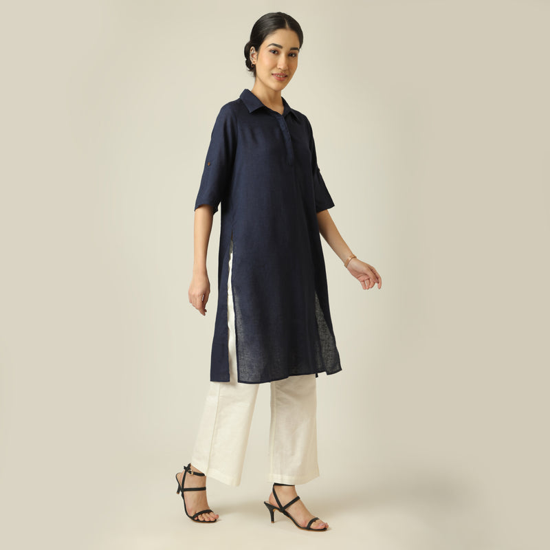 Soraya Linen Co-Ord Set - Navy Blue & Ecru