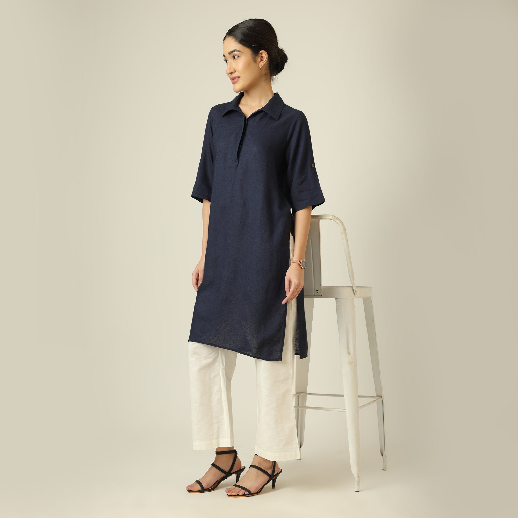 Soraya Linen Long Tunic - Navy Blue