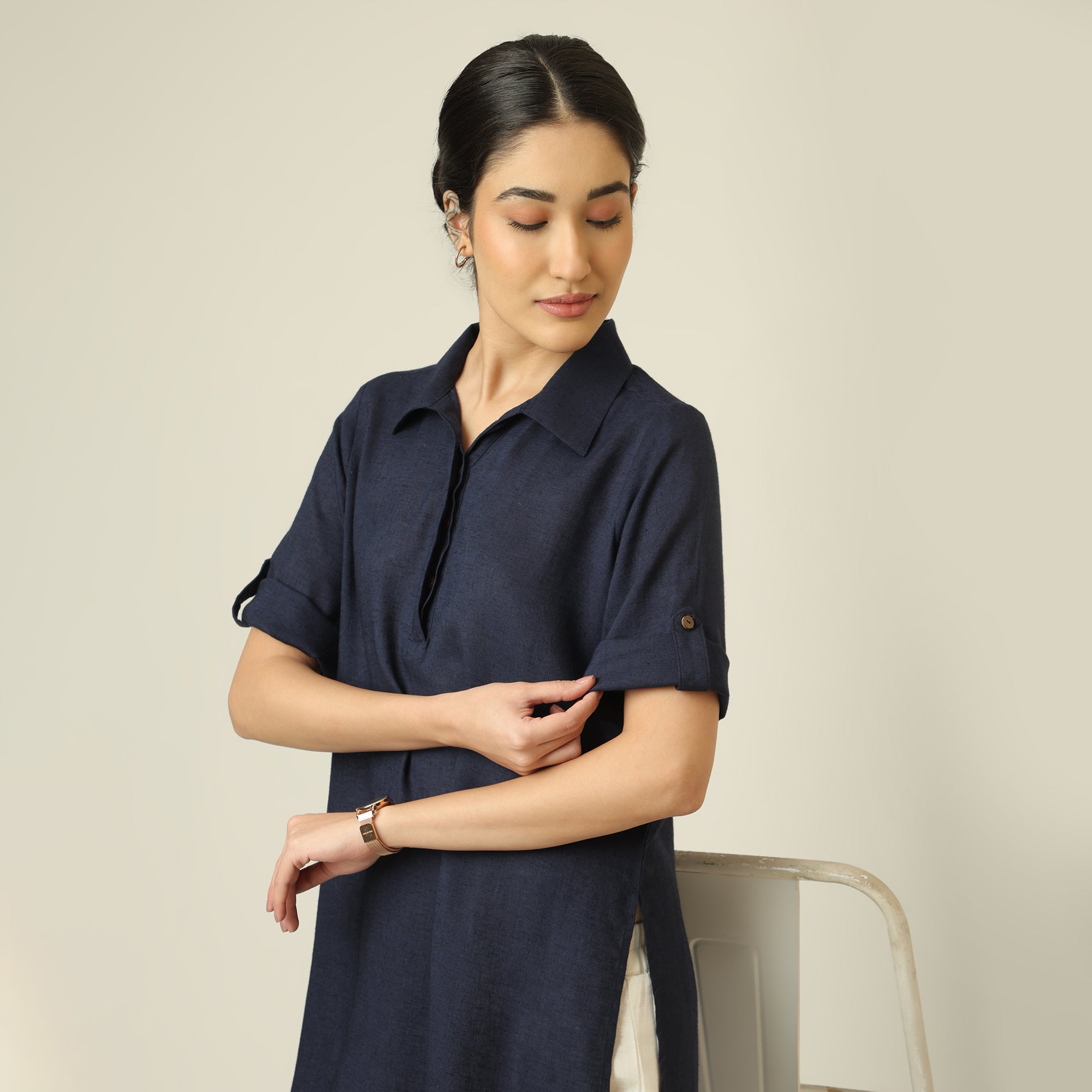 Soraya Linen Long Tunic - Navy Blue