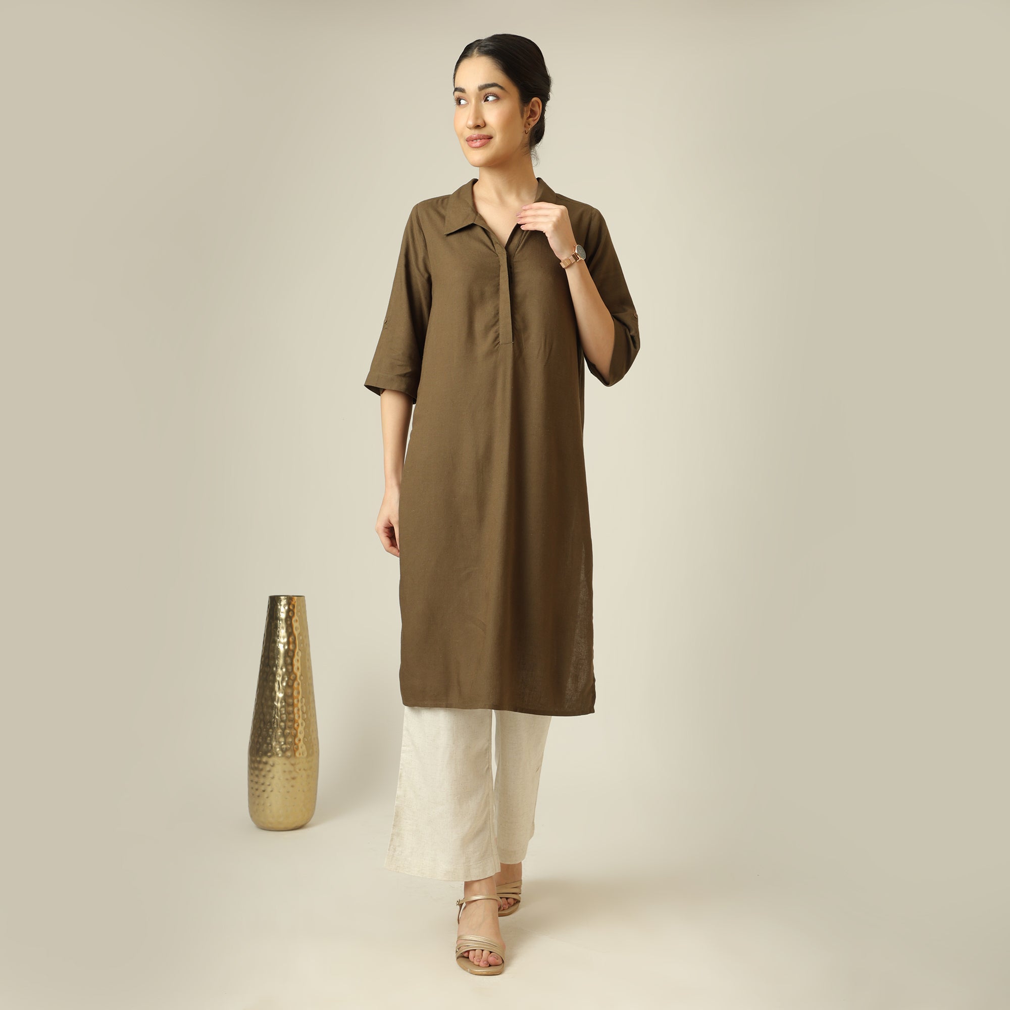 Soraya Linen Long Tunic - Olive Green