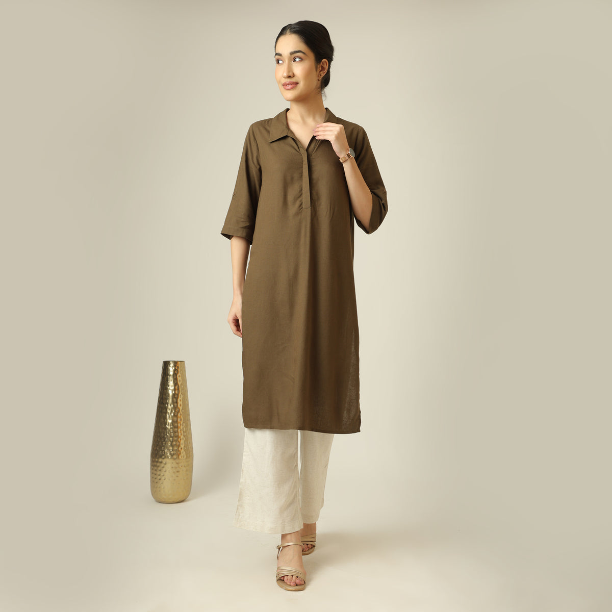 Soraya Linen Co-Ord Set - Olive Green & Beige
