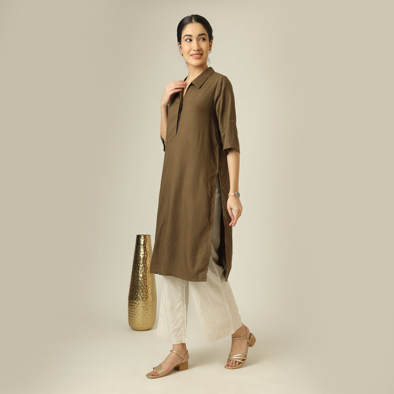 Soraya Linen Co-Ord Set - Olive Green & Beige