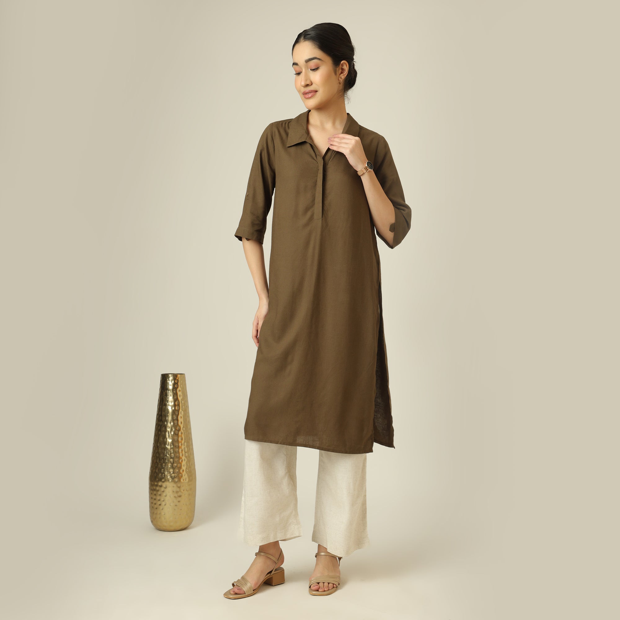 Soraya Linen Long Tunic - Olive Green